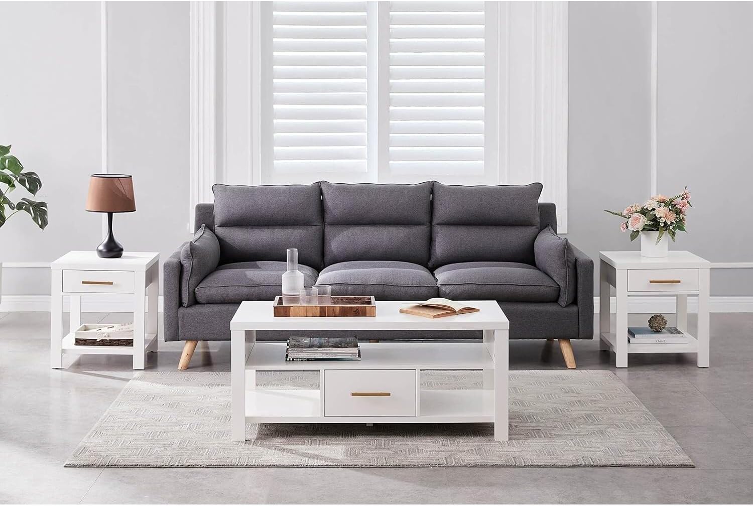 HomeStock Contemporary 3 Piece Occasional Table Set White Rectangle Coffee Table and Matching End Tables for Living Room Use