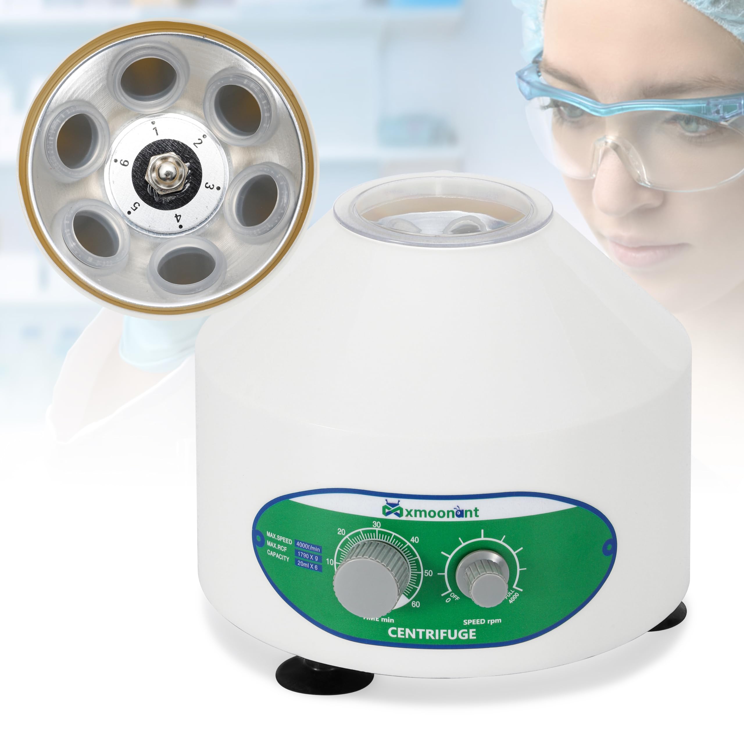 Mxmoonant Centrifuga da Laboratorio, 4000rpm, 6x20ml, 1790xg, 60min Timer, Adatta per Provette da 20ml/15ml/10ml/5ml, per PRP, Separazione di Campioni, Analisi Qualitativa (Spina UE)