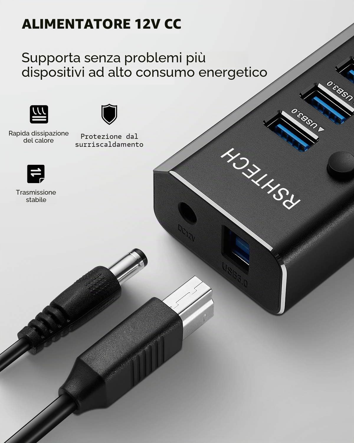 RSHTECH Hub USB Attivo 3.0 con 36W(12V/3A) di Alimentazione Alluminio 10 Porte USB 3.0 Hub con Interruttori di LED e Adattatore di Alimentazione Separati per Linux, Windows, Mac OS e Altro (RSH-A10)