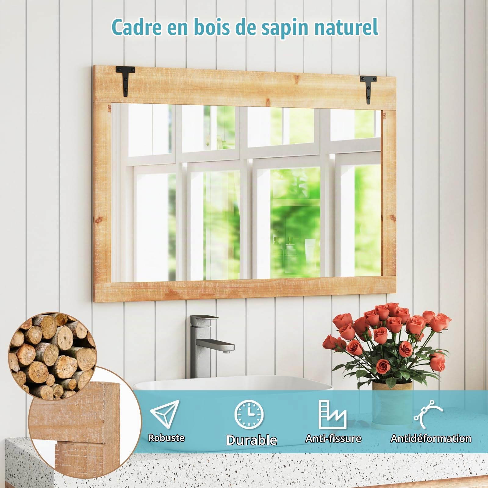 LIFEZEAL Miroir Mural Rectangulaire 97 x 67 cm avec Cadre en Bois de Sapin | Miroir Décoratif avec Crochets en Métal, Style Rustique, pour Chambre, Salon, Entrée, Naturel