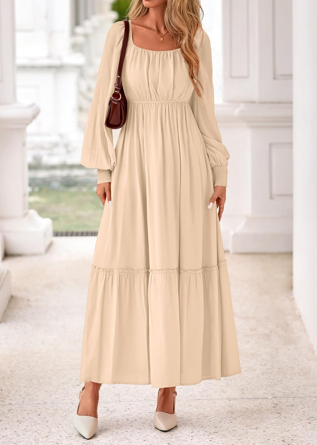 KIRUNDO Casual Fall Dresses for Women 2026 Flowy Long Sleeve Maxi Dress Smocked Empire Waist Square Neck Wedding Party - Image 7