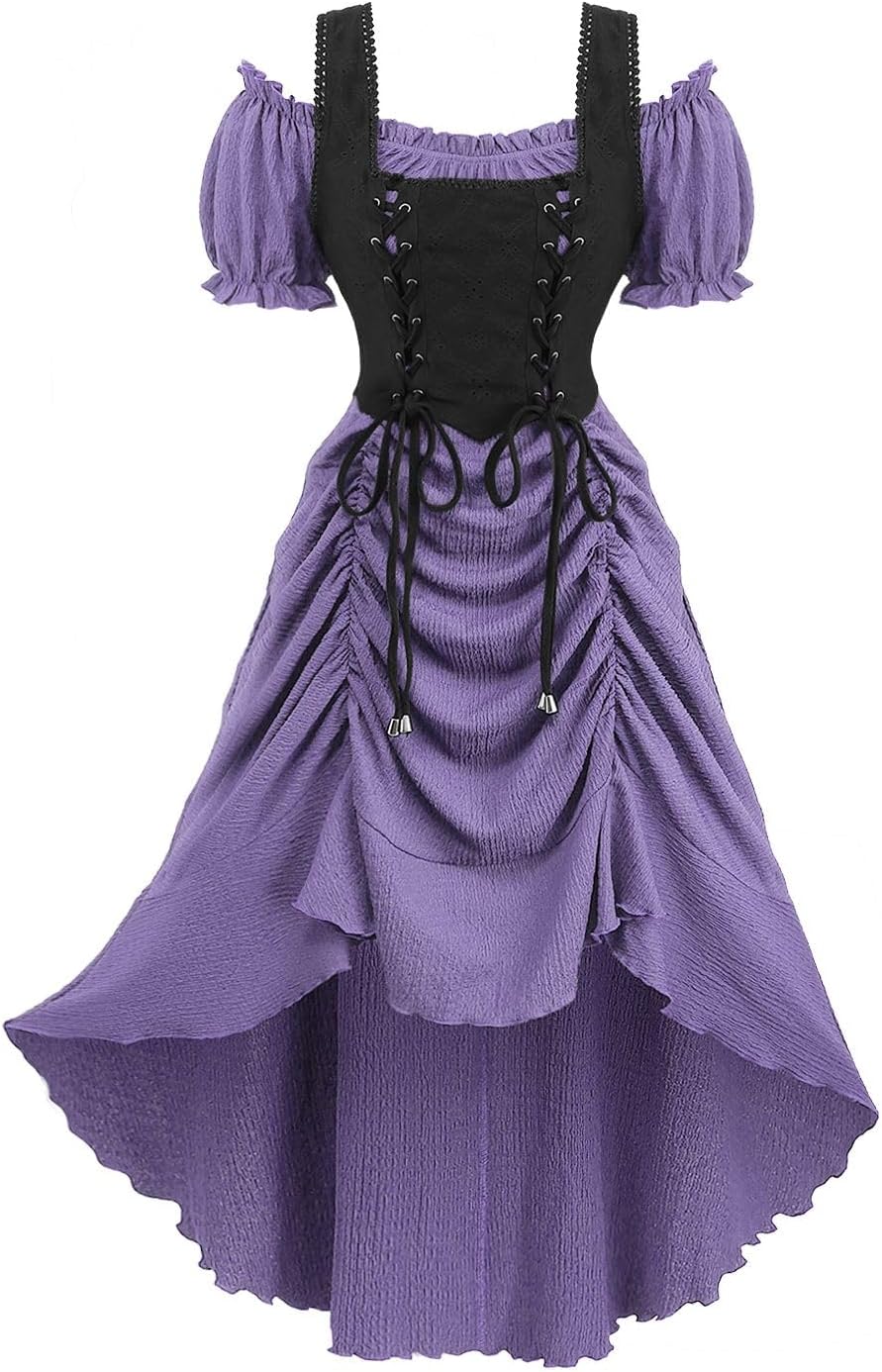 ROSE GAL Rosegal Women Plus Size Steampunk Renaissance Costume Dress Cold Shoulder Ruffles Lace-up High Low Dress