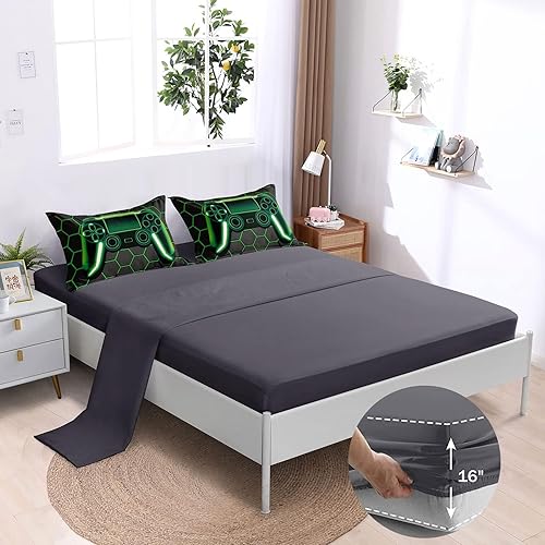 Miniatura 3 de BDUCOK Juego de edredón de 5 piezas en una bolsa para niños, adolescentes y niños, juegos de ropa de cama con estampado de panal de abeja y consola