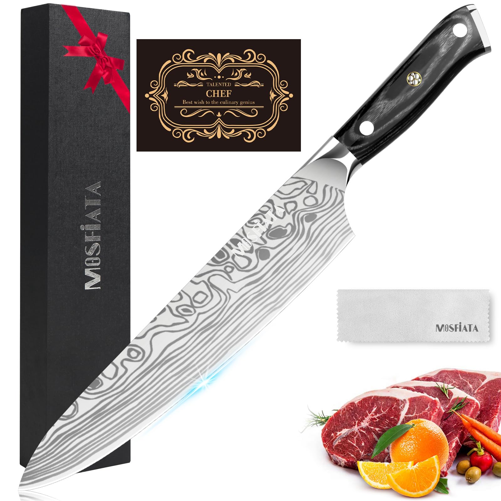 MOSFiATA Chef Knife, 10 Inch Sharp Kitchen Knife High Carbon German EN1.4116 Stainless Steel Japanese Cooking Knives, Chopping Carving Kitchen Knives with Ergonomic Handle Gifts for Men Women
