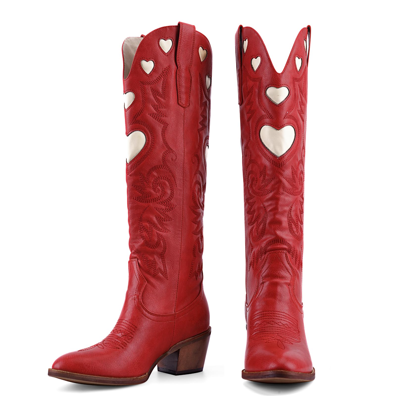 Cowboy Boots for Women Wide Calf Round Toe Chunky Stacked Heel Knee High Cowgirl Boot Heart Pattern Classic