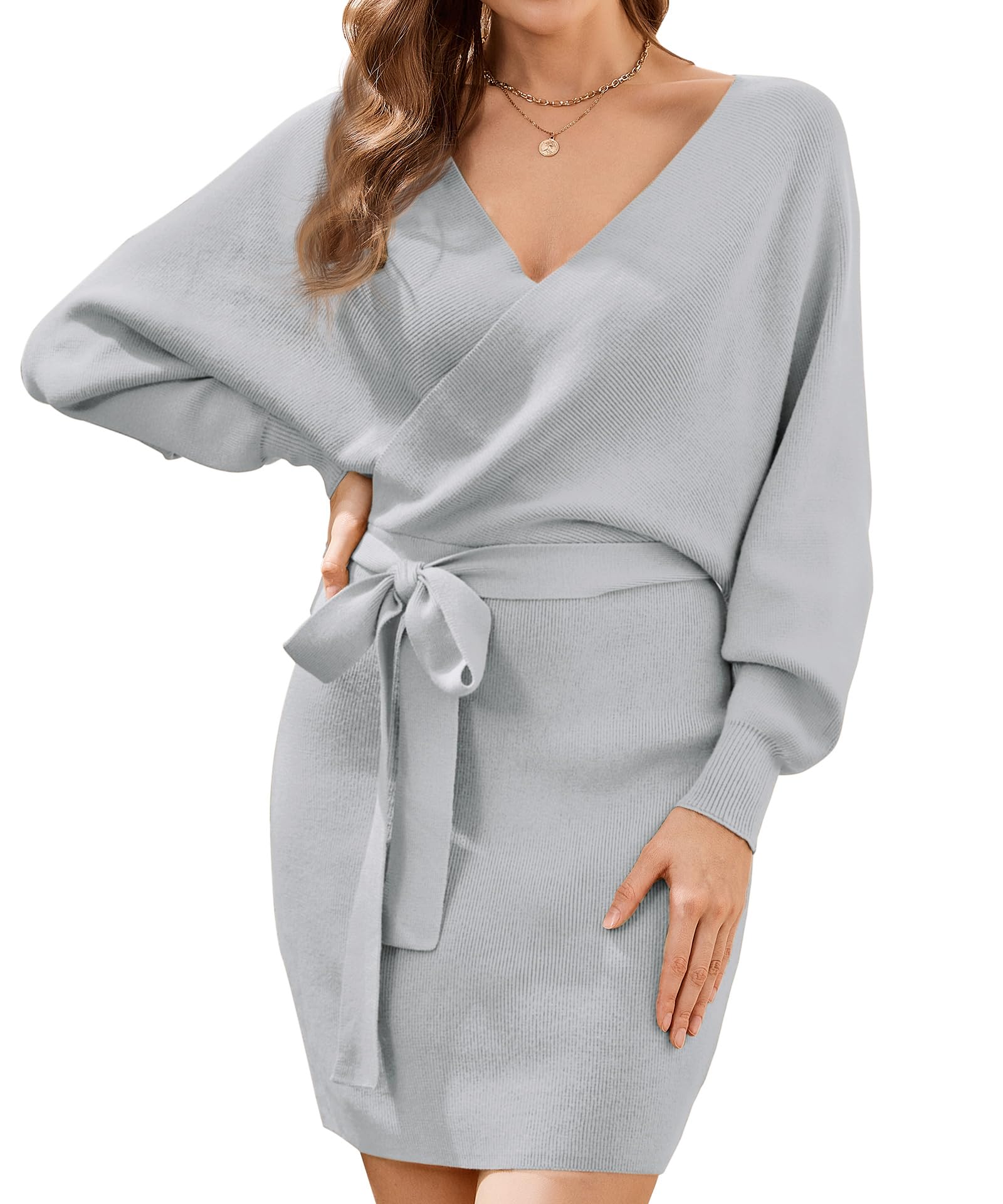 Modely Batwing Sleeve Belted Bodycon Sweater Dress