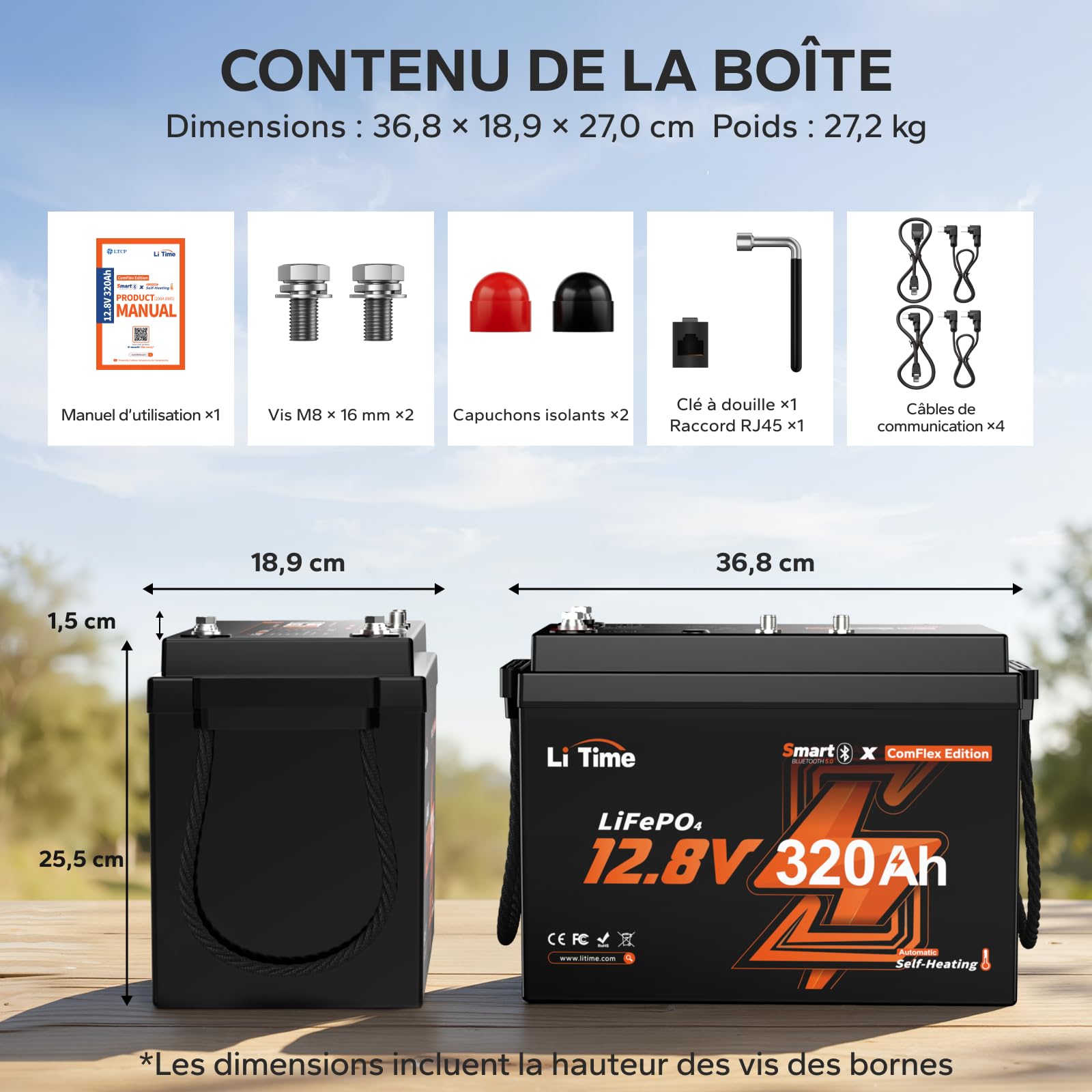LiTime Batterie Lithium 12V 320Ah CAN/RS485 avec Bluetooth pour Camping-Car