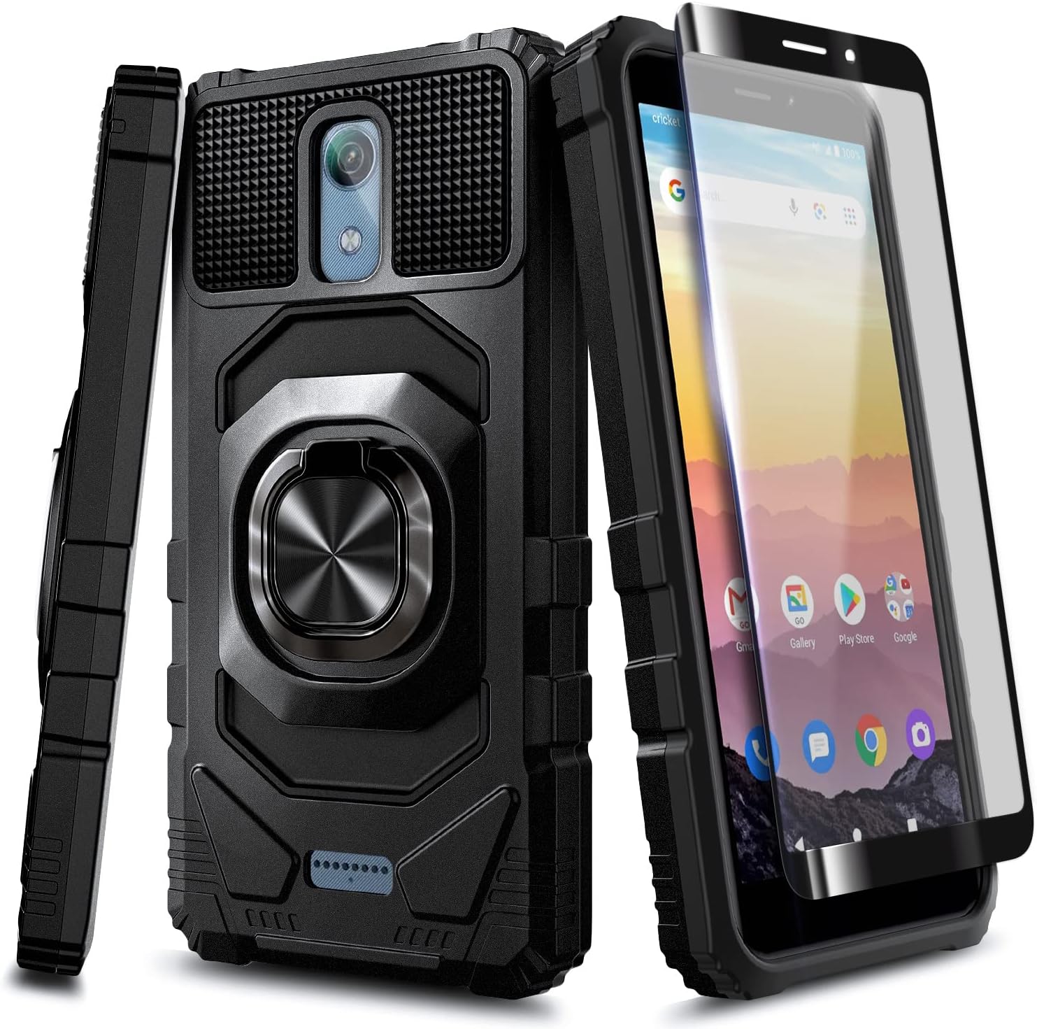 NZND Case for AT&T Calypso (U318AA)/Cricket Vision 3 with Tempered Glass Screen Protector, Full-Body Protective [Military-Grade], Magnetic Car Mount Ring Holder Durable Case Cover (Black)