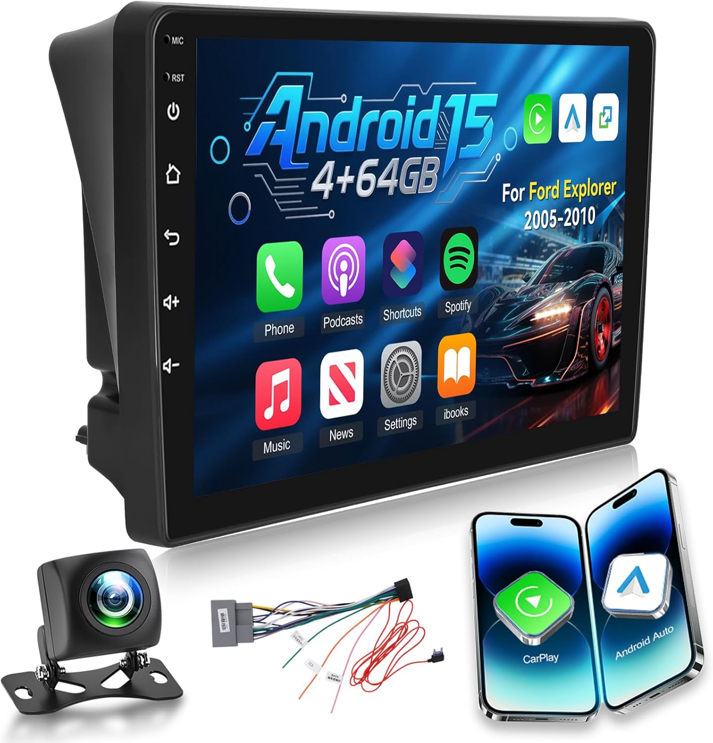 4G+64G Android Car Stereo for Ford Explorer 2005-2010 with Wireless Carplay/Android Auto, 10 Inch IPS Touchscreen Radio with 32EQ DSP/5GHz WiFi/GPS/Mirror Link, AHD Rear View Camera
