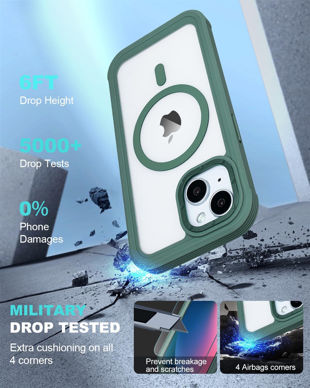 Defender for Clear iPhone 13 Case with Belt Clip Holster + 2 Screen Protectors, Compatible with MagSafe, Anti-Yellowing, Full-Body Phone Cover for iPhone 13 Case (Clear & Green)