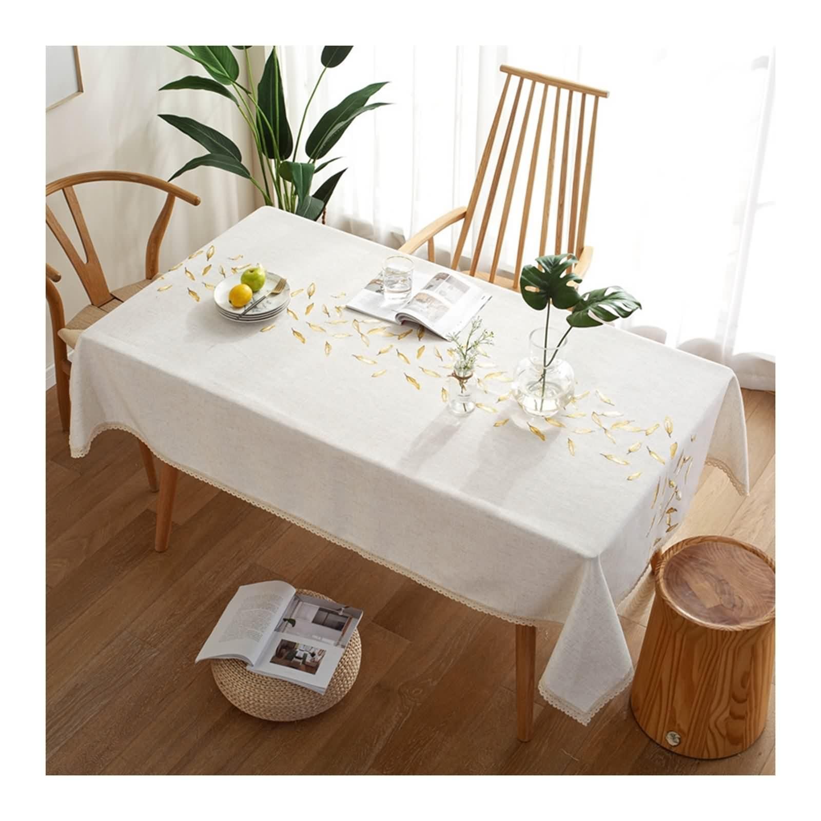 Tischdecke Rechteckig Beige, Tischdeko Geburtstag Vintage Polyester Bestickt Lassen Table Cover 140X100CM für Party Hochzeit
