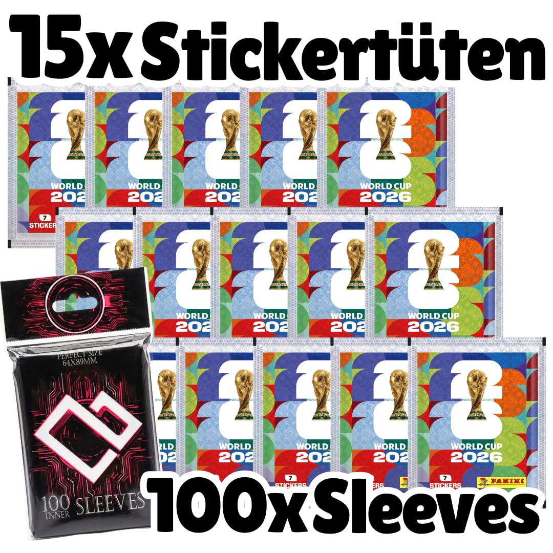 World Cup 2026 Sticker Bundle Set – 15 Versiegelte Stickertüten mit 105 Stickern & 100 Heartglobal Kartenhüllen für Sammler +Heartglobal Versandschutz (Own Brand Bundle)