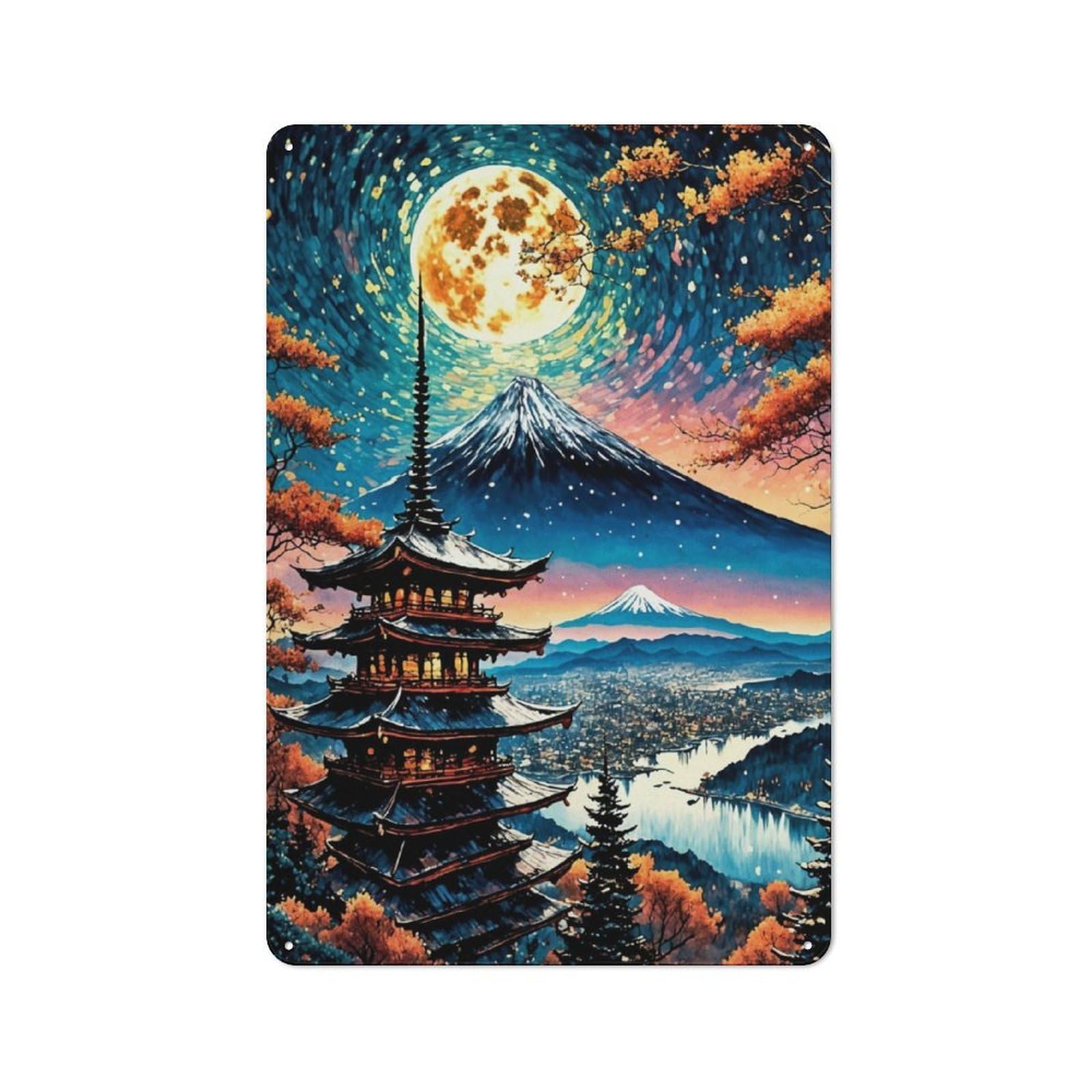 Junmoney Japanese Landscape Metal Sign 30X20cm With For Workshop Wall, Rustic Decor, For Collectors Decorating Workshops And Hobby Rooms