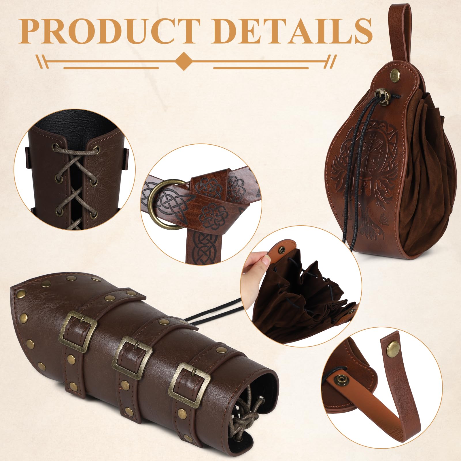 SWAWIS Set di Accessori per Abbigliamento Medievale, Medievale e Borsa da Cintura, Protezione per i Gomiti, Accessori per Costumi Vichinghi per Cosplay Halloween Wizard Witch