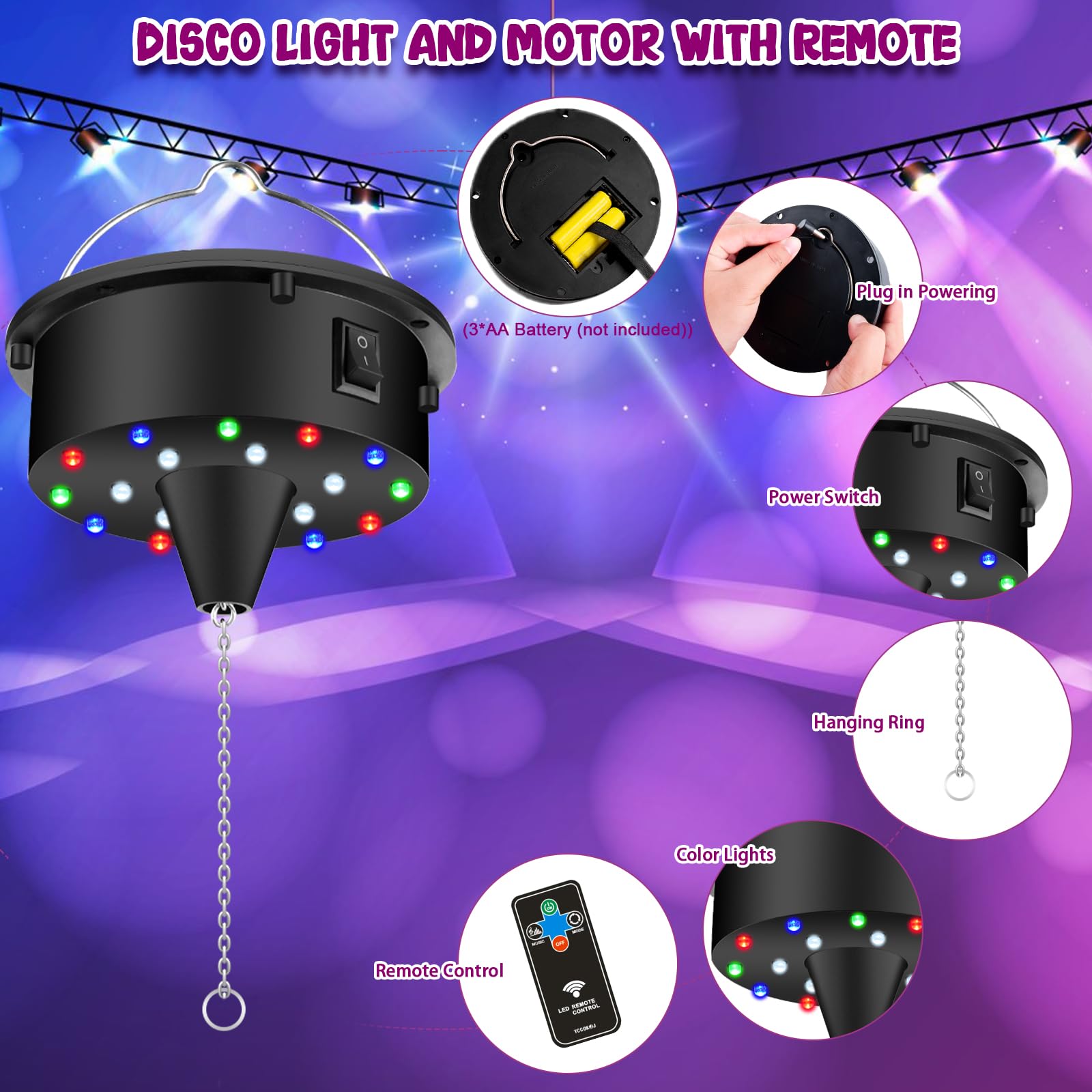 Discokugel Motor Spiegelkugel Drehmotor 10 U/min Disco Kugel Motor mit Fernbedienung, Kette, 4 Bunten Lichtern und 18 LED-Perle Multi-Modus Leiser Antriebsmotor zum Diskokugel Zubehör