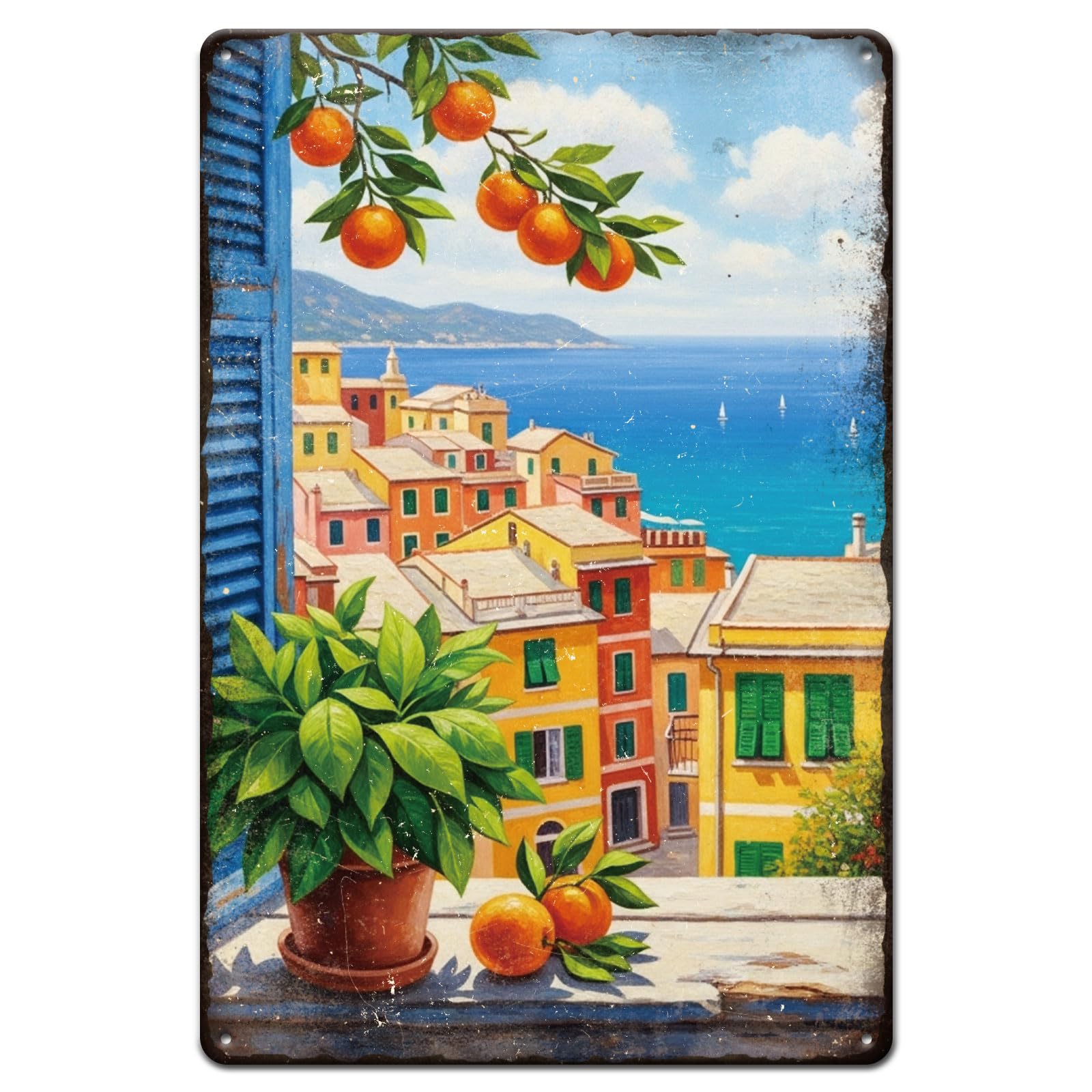 GLOBLELAND Mediterranean Landscape Metal Tin Sign 8x12in Window Vintage Tin Signs Metal Wall Decor for Kitchens Dining Rooms Living Rooms Bedrooms Patios Balconies Cafes