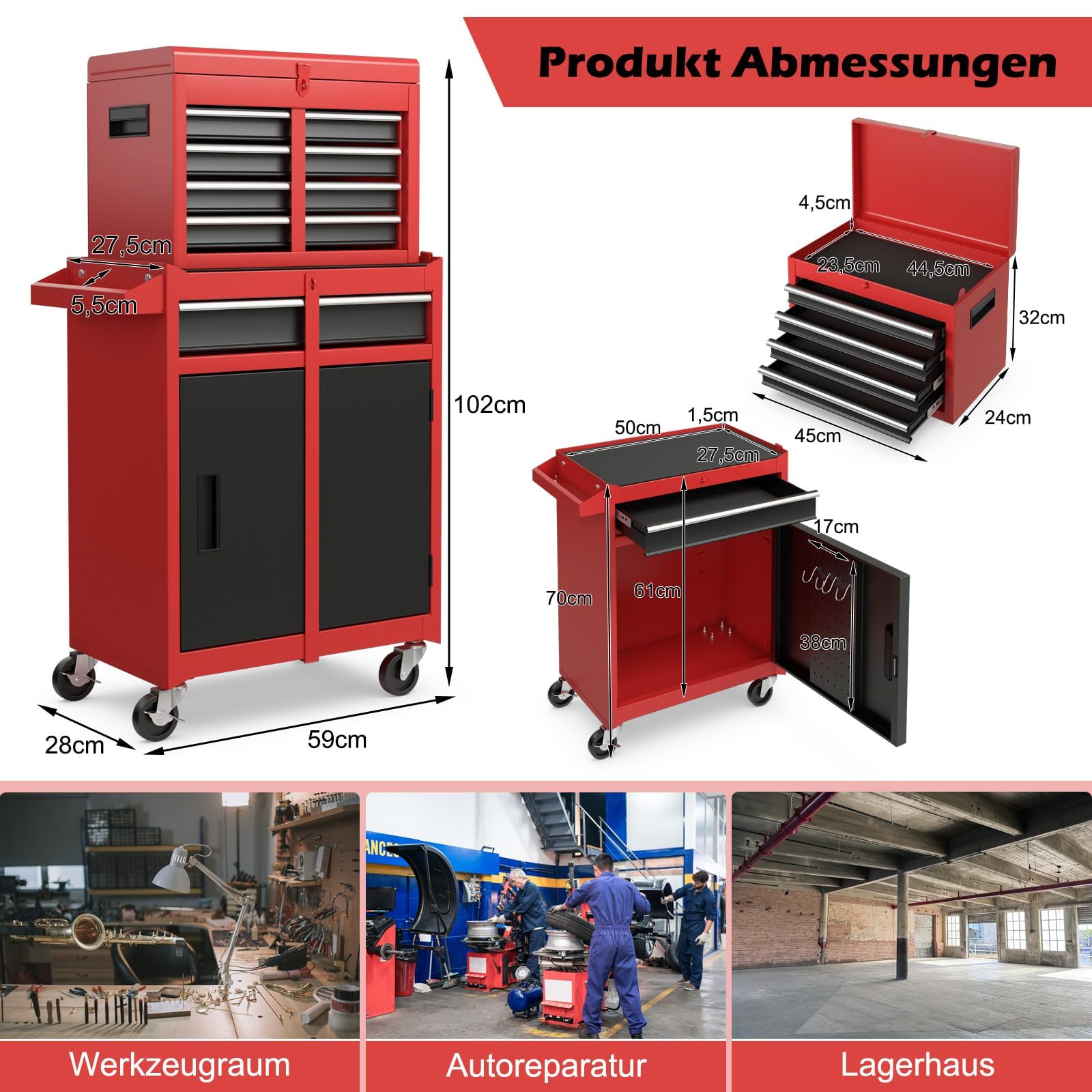 FANTASK Carrello da officina con serratura su ruote, carrello degli attrezzi professionale 2 in 1, con valigetta, 8 scomparti, ganci e ripiano regolabile, 59 x 28 x 102 cm (rosso)
