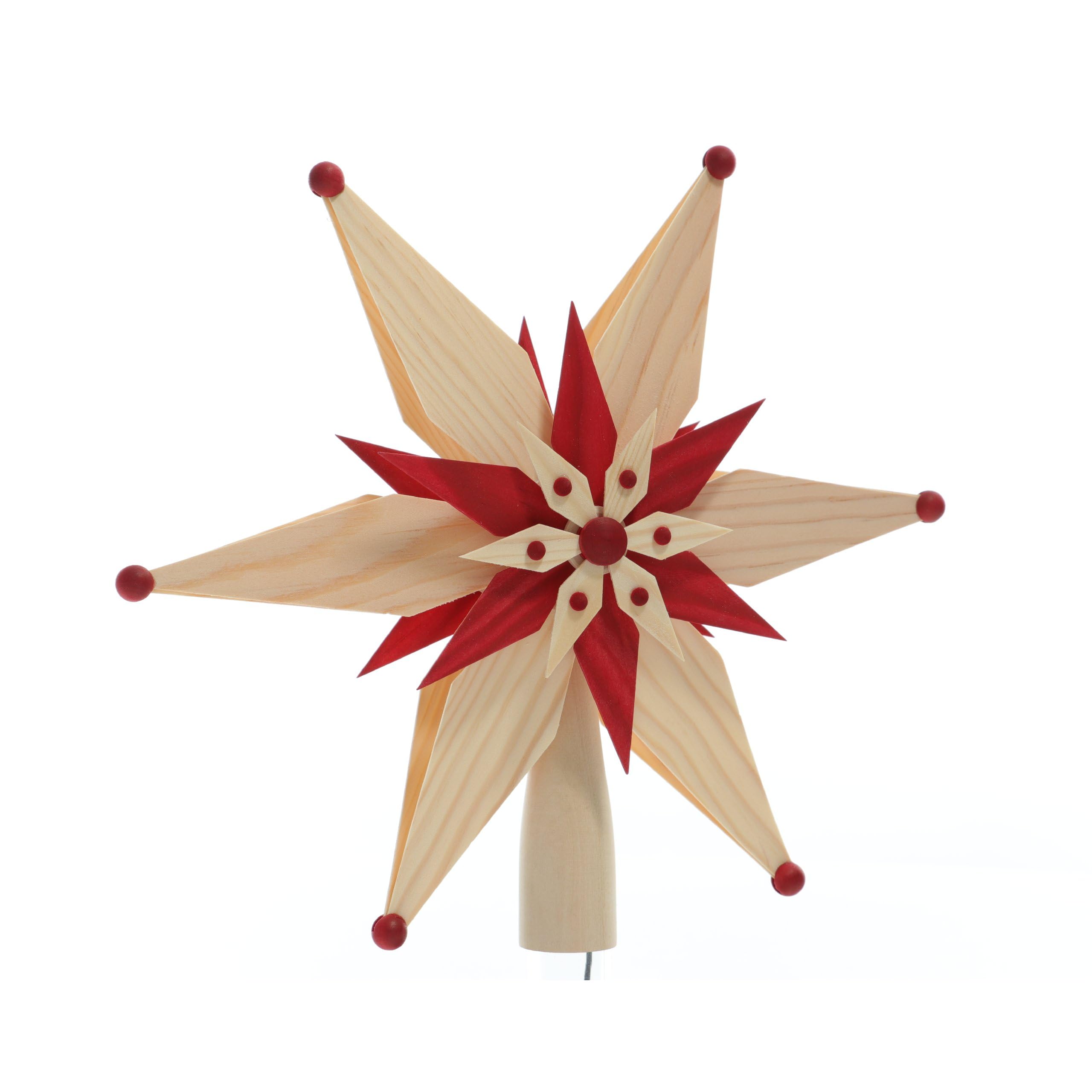 Rudolphs Schatzkiste Baumschmuck Christbaumspitze EL Beleuchtet doppelt aus Kiefernblätter Mittig Stern Rot (Beidseitig) BxHxT=25x25x7cm NEU Weihnachten Christbaum Baum Spitze Holzschmuck Holz