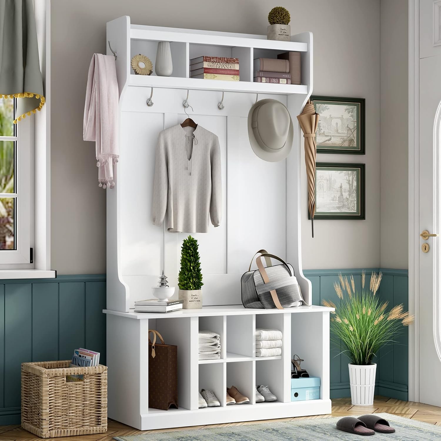 Hall Tree with Shoe Storage, 3 in 1 Entryway Bench with Coat Rack and Shoe Cubbies, Mudroom Bench with Storage and 6 Steel Double Hooks (White, 39.4"L x 15.7"W x 70.8"H)
