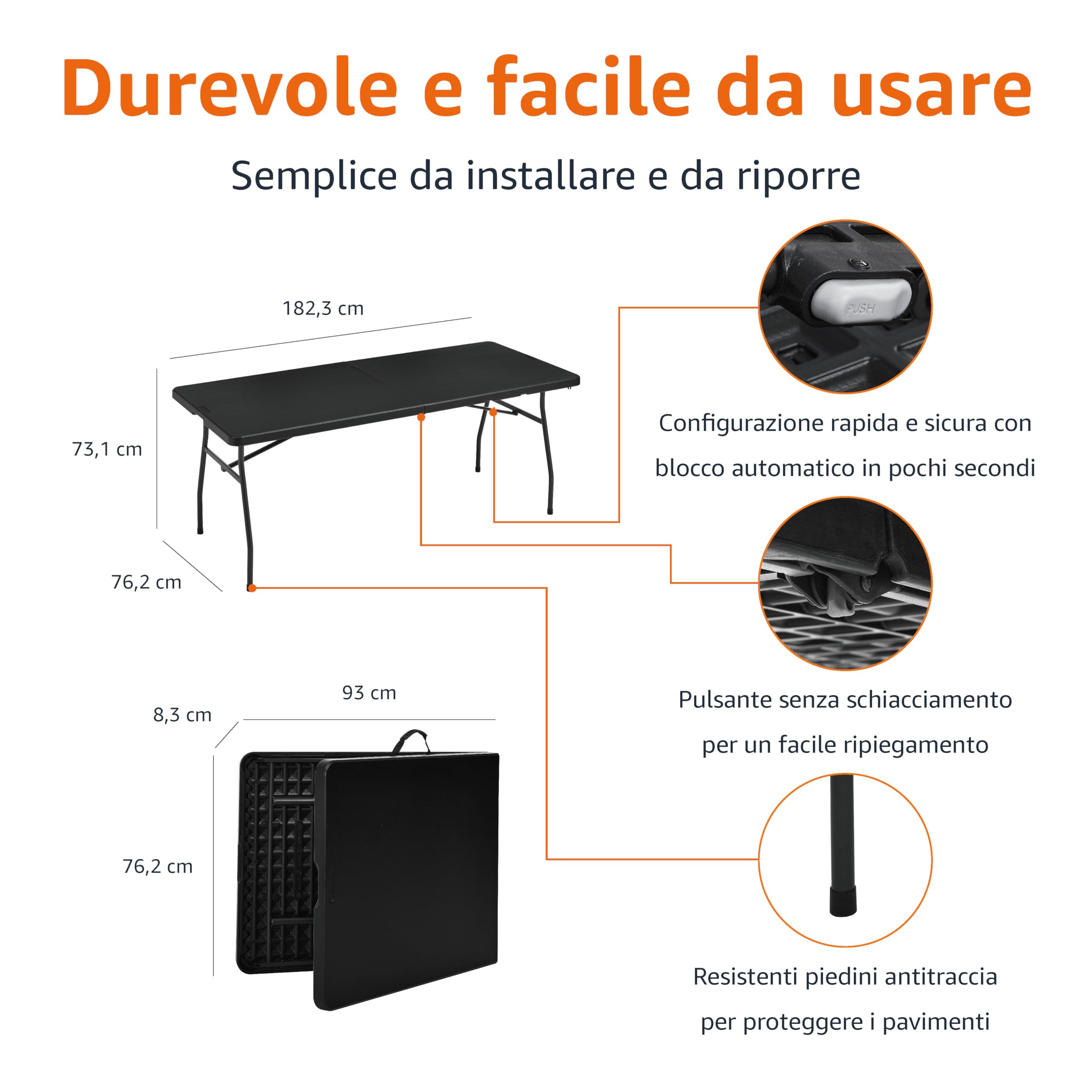 Tavolo Pieghevole Portatile LSKSSNG Da 1,8 Mt – Bianco – Perfetto Per Campeggio, Feste E Uso Domestico