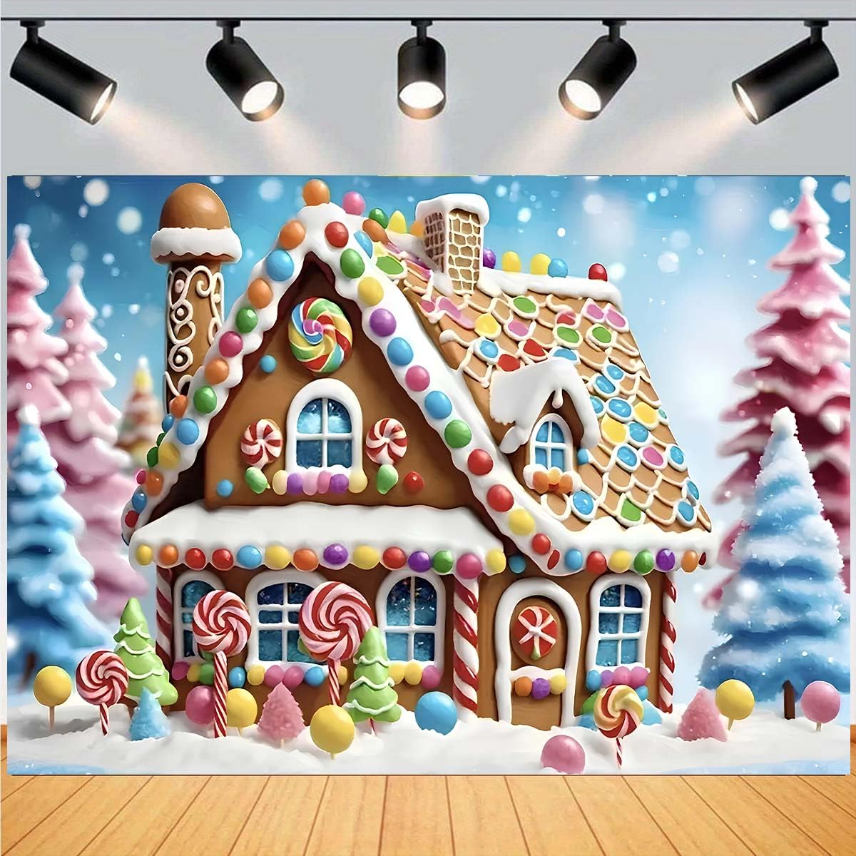 Toile de fond pour photographie de Noël en forme de maison en pain d'épices à paillettes pour échange de biscuits Candyland Hiver Flocon de Neige Toile de fond sucre d'orge Sucette Arbre Bannière