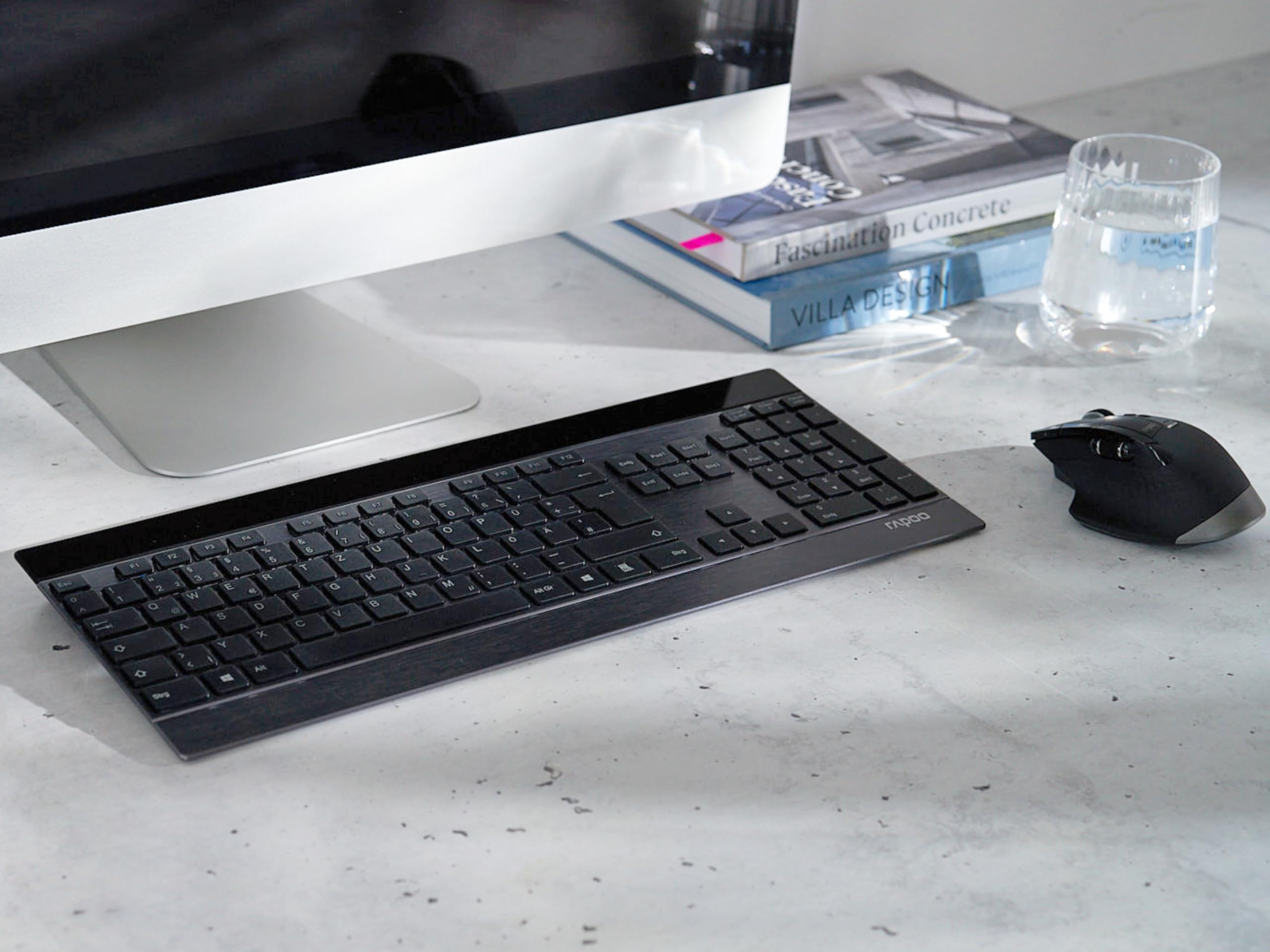 Rapoo 9900M kabelloses Tastatur-Maus Set Wireless Deskset 3200 DPI Sensor wiederaufladbarer Akku flaches Aluminium Design DE-Layout QWERTZ PC & Mac - schwarz
