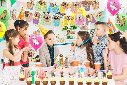 Miniatura 7 de Decoraciones de fiesta de Golden Retriever, suministros de fiesta de cumpleaños Golden Retriever, incluye pancarta de cumpleaños de perro, remolinos