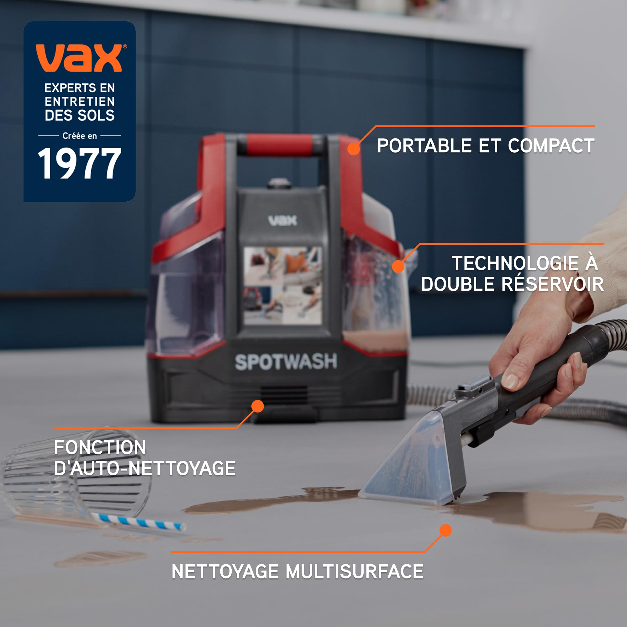 Vax SpotWash Spot Nettoyeur, détachant pour shampouineuse tapis et tissus d'ameublement, séchage rapide et nettoyage en profondeur quotidien pour les escaliers, canapés, voitures et sols durs