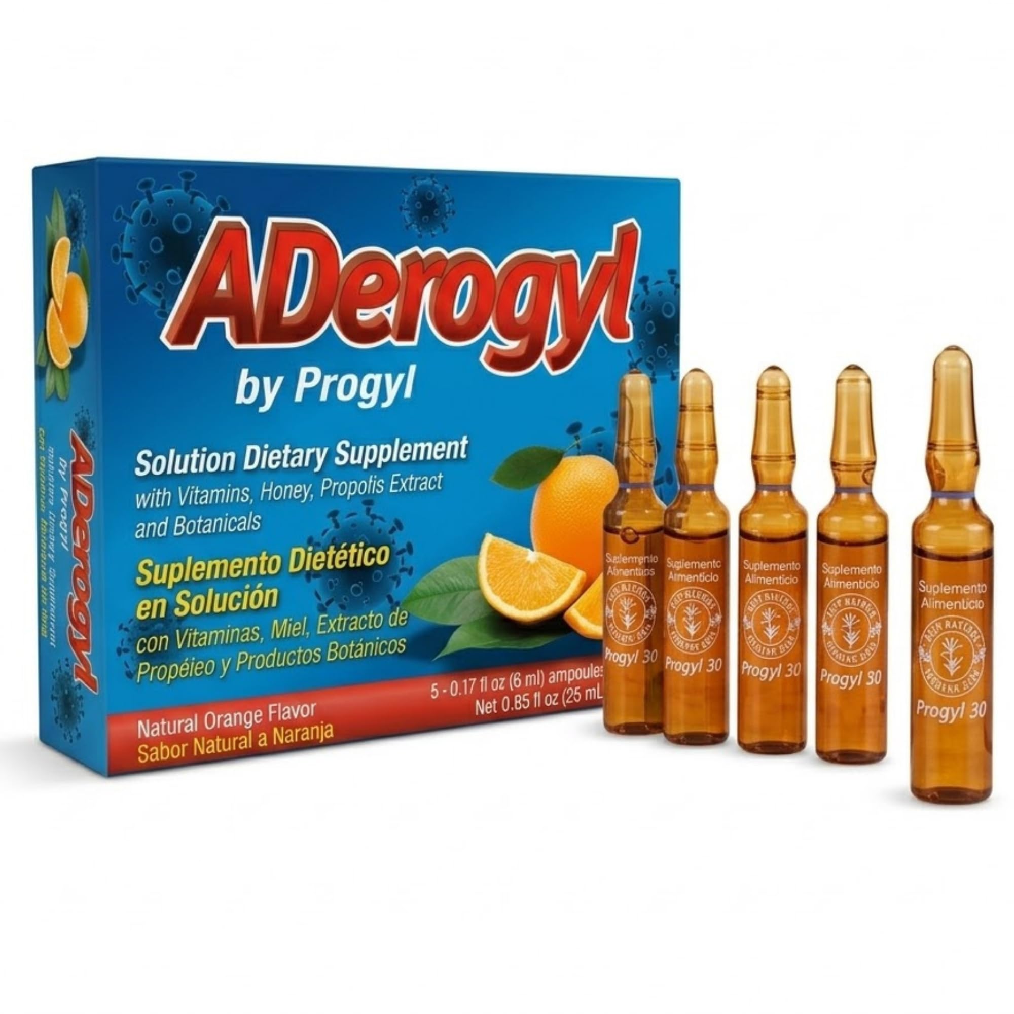 Aderogyl Liquid Vitamins A C D E Zinc Honey Propolis, 5 Ampoules