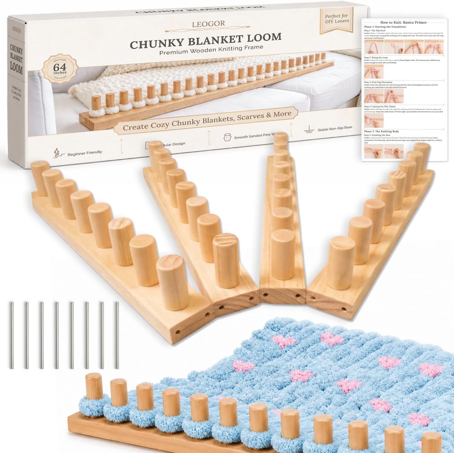 LEOGOR 64-Inch Chunky Blanket Loom Kit – Expandable Wooden Hand Knitting Board for Jumbo Yarn, Modular Frame with Pegs for Beginners, Scarves & Throws