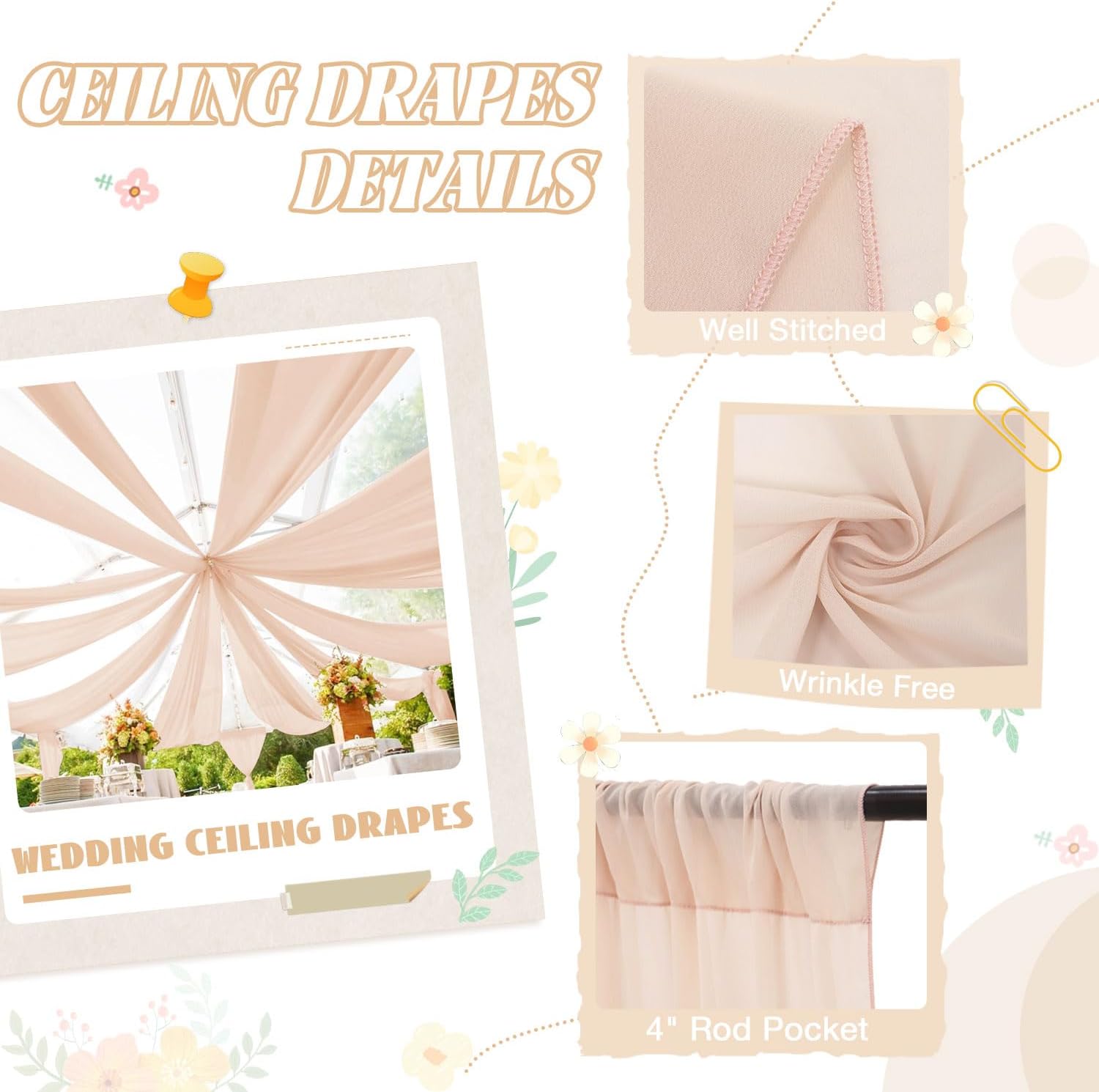 FUHSY Ceiling Drapes for Weddings 4 Panels 5x20 FT Champagne Chiffon Fabric Drape Sheer Backdrop Curtains for Bridal Wedding Arch Draping Fabric Tent Ceiling Curtains Hanging Kit for Bedroom Canopy image 3