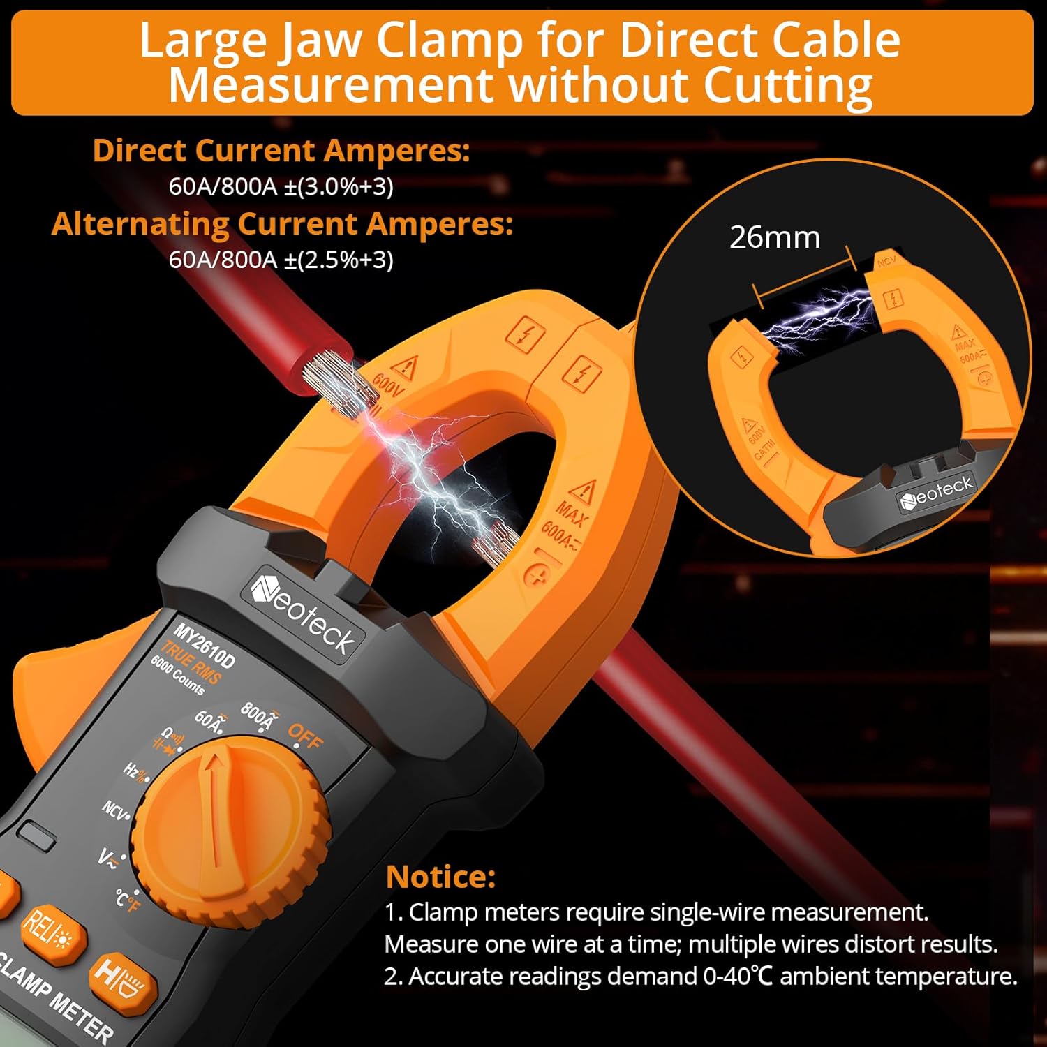 Neoteck MY2610D Clamp Meter measuring current on a single wire