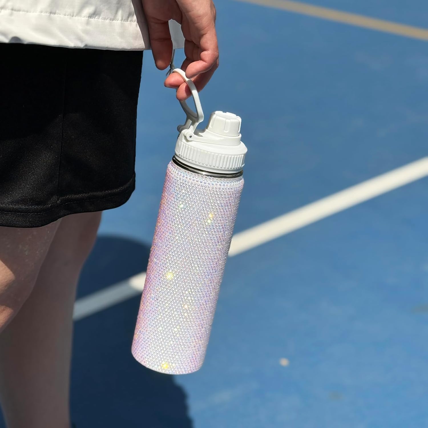 22oz Stainless Steel Bling Crystal Water Bottle Rhinestone Vacuum Insulated Bottle with Spout Lid Reusable Double-Wall Glitter Sport Bottle Gift for Women Girl (White) - Image 6