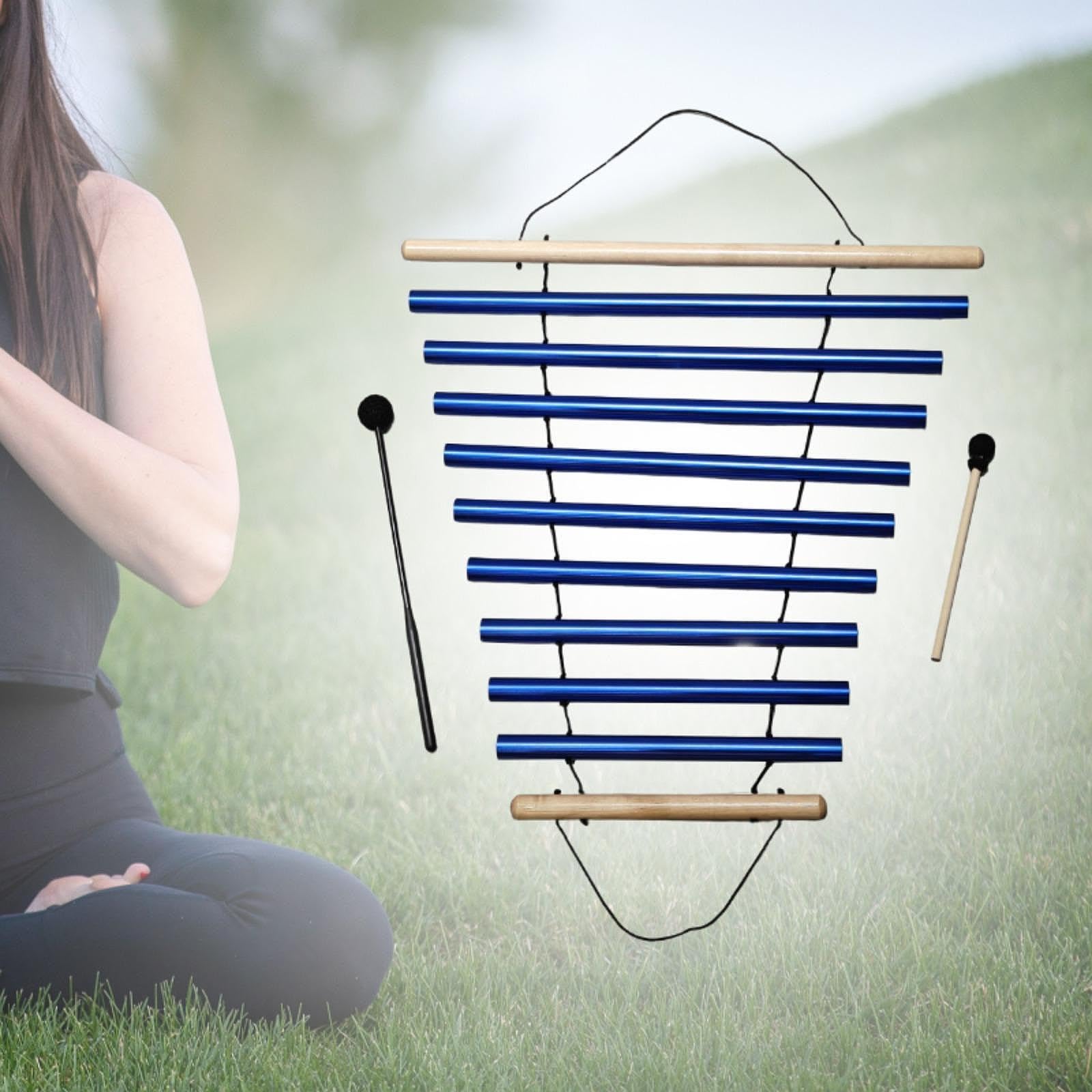 Carillon Éolien Instrument Percussion Cloche Méditation Bois Métal Son Apaisant avec Maillet Poignée Maniable Adapté pour Pratique Méditation, Bleu