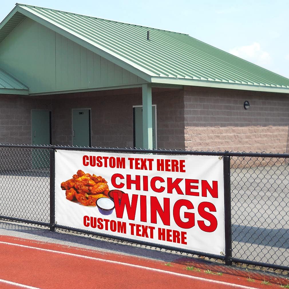 Custom Vinyl Banner Multiple Sizes Chicken Wings Red Food Bar Restaurant Food Truck Bistros & Caf S Outdoor Weatherproof Industrial Yard Signs 4 Grommets Personalized Text Here 24x36Inches