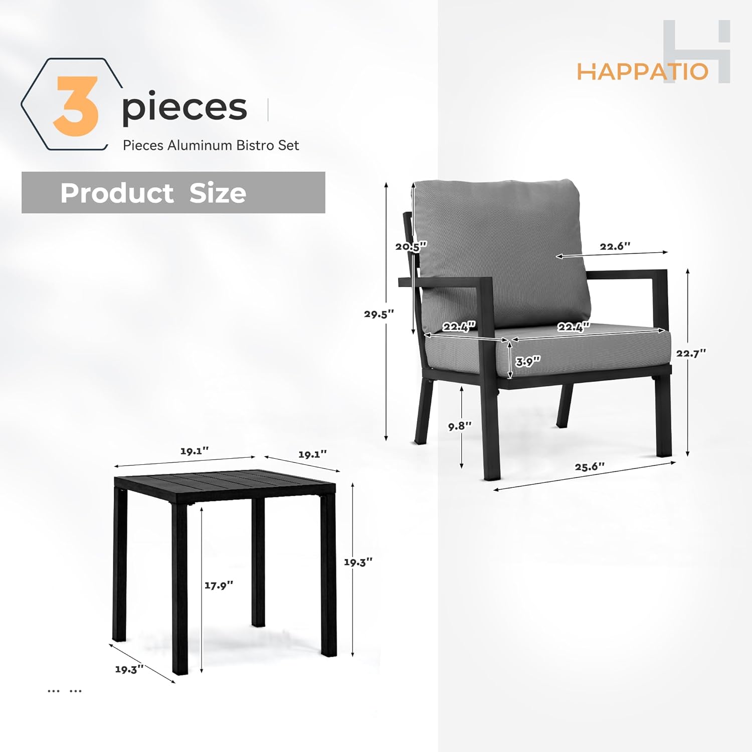 HAPPATIO Aluminum Patio Furniture Set, 3 Pieces Conversation Set with Thick Cushions and Side Table, Waterproof and Rustproof for All Weather, Seating Sofa for Garden, Backyard, Porch, Black