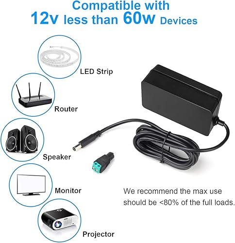 Miniatura 7 de Adaptador de fuente de alimentación de 12 V, transformador de fuente de alimentación de 100 V-240 V CA a 12 V 5 A con conector convertidor LED,