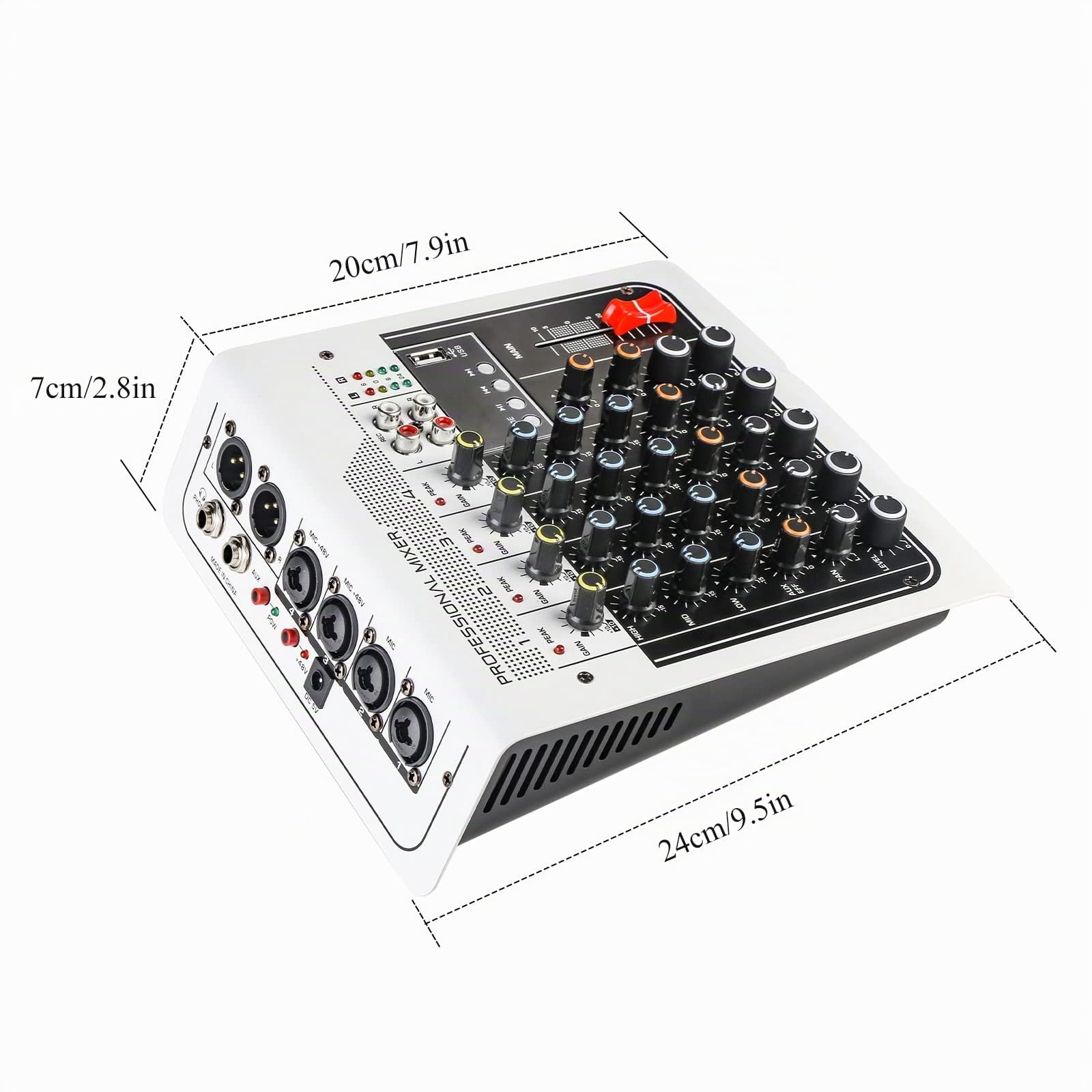 4 Canaux Table de Mixage Audio Console de Mixage Compacte, Console Son Mixeur Audio DJ Avec FX Reverb Retard Effets Et Alimentation Fantôme 48V Partageable Bluetooth ou MP3 avec Interface USB Audio
