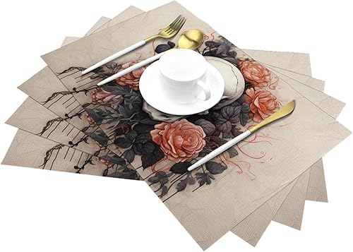 Miniatura 6 de Juego de 6 manteles individuales de PVC, diseño de calavera antigua y flores, antideslizantes, 12 x 18 pulgadas, juego de manteles individuales