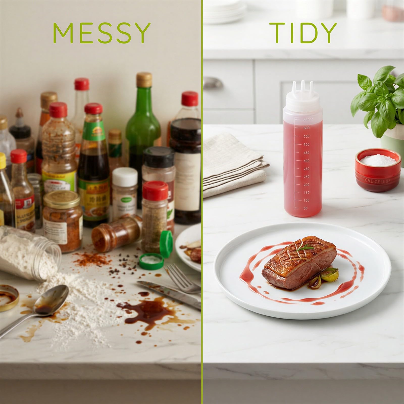 4 Stk. Saucenflaschen zum Drücken mit 3 Öffnungen, 24 oz 650 ml Quetschflaschen mit Skala, Flaschen mit Tri-Kegel-Düse, aus Kunststoff für Sirup, Ketchup, Dressing, Öl, Honig