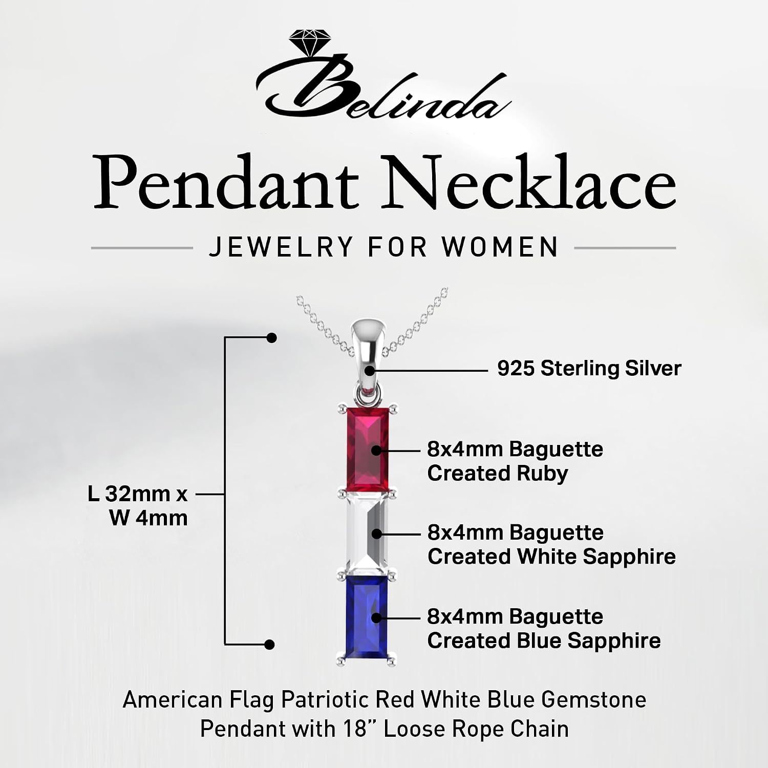 Pendant 925 Sterling Silver Rhodium Plated Fourth of July Accessory American Flag Patriotic Red White Blue Gemstone Pendant with 18inch Loose Rope Chain Memorial Day Necklace for Women