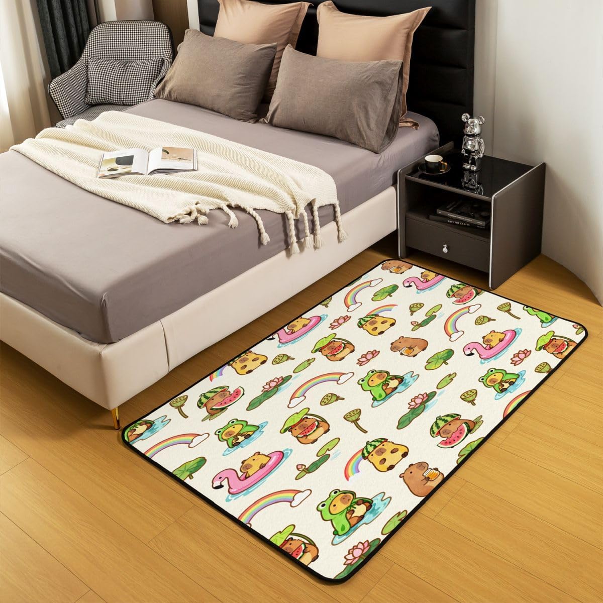 Erosebridal Funny Capybara Area Rug 3 x 5 | Cute Pink Flamingo Rainbow Living Room Rugs for Kids Girls Boys, Capybara Lover Gifts Bedroom Home Decor, Kawaii Capybaras Carpet Indoor Floor Mat