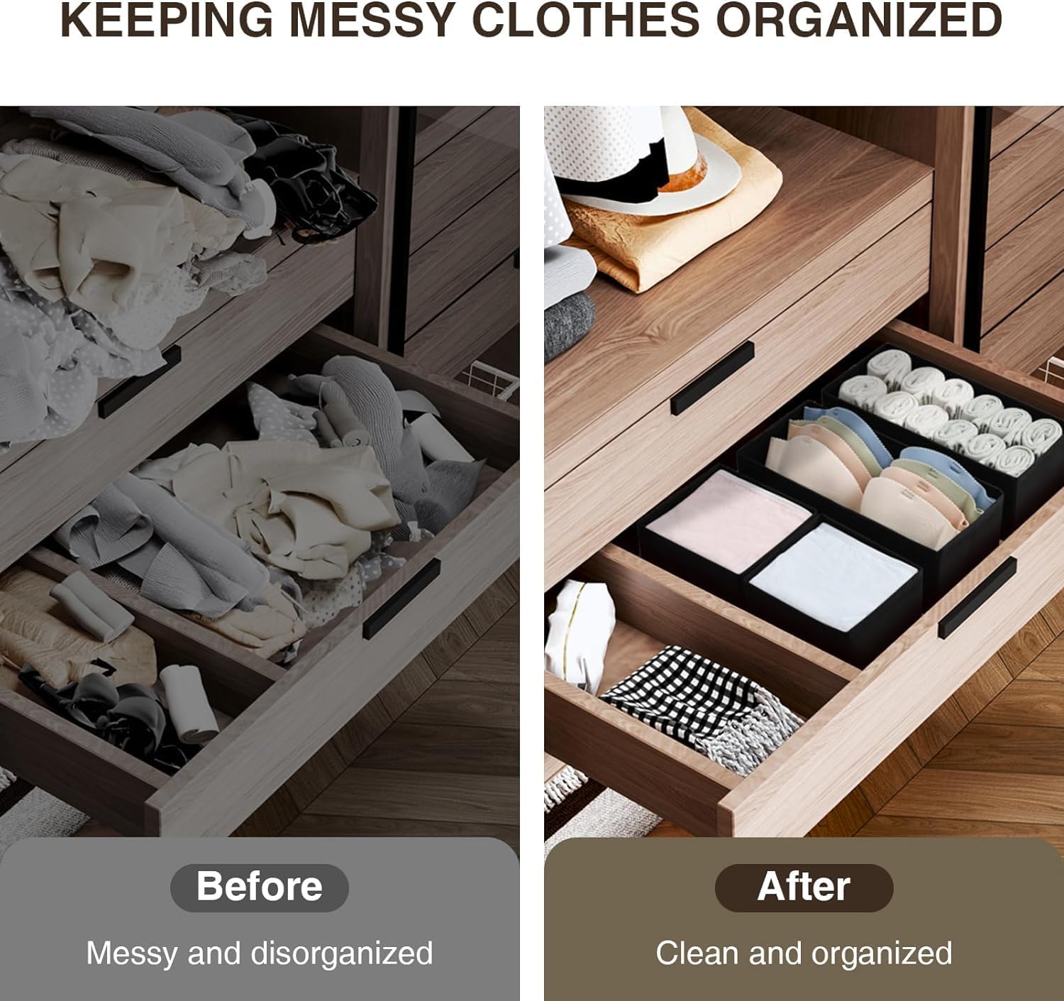 DIMJ Organizer per Cassetti 8 Pezzi Organizer per Armadio, Divisori per Cassetti Separatori per Cassetti Organizzatore Cassetti, per Calze, Biancheria Intima, Nero