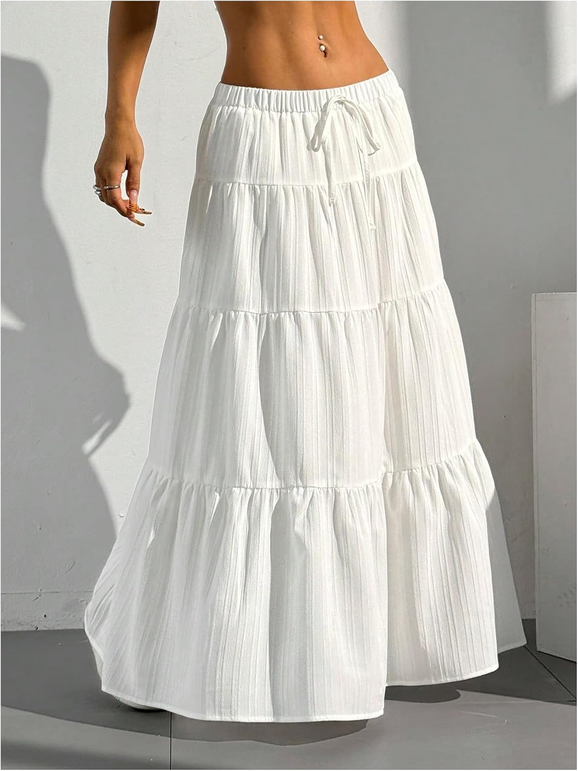 Women's Flowy Flared Ruffle Hem A Line Maxi Skirts Elastic Waist Elegant Tiered Layer Boho Long Skirts - Image 3