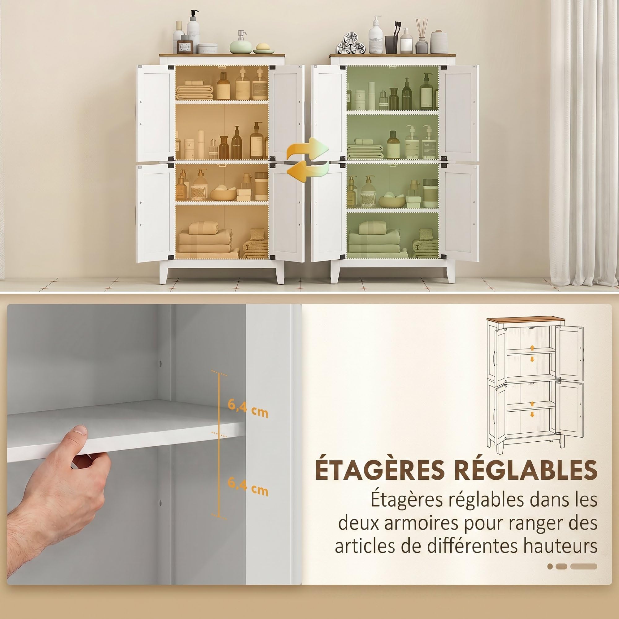 HOMCOM Armadio da bagno a pavimento, stile fattoria, bianco