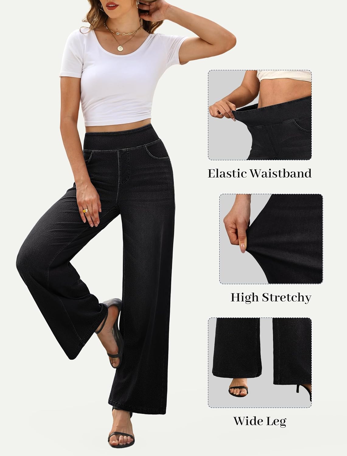 IWD Wide Leg Jeans for Women High Waisted Stretchy Trendy Pull On Jeans Straight Baggy Loose Casual Denim Pants Black, Small - Image 5