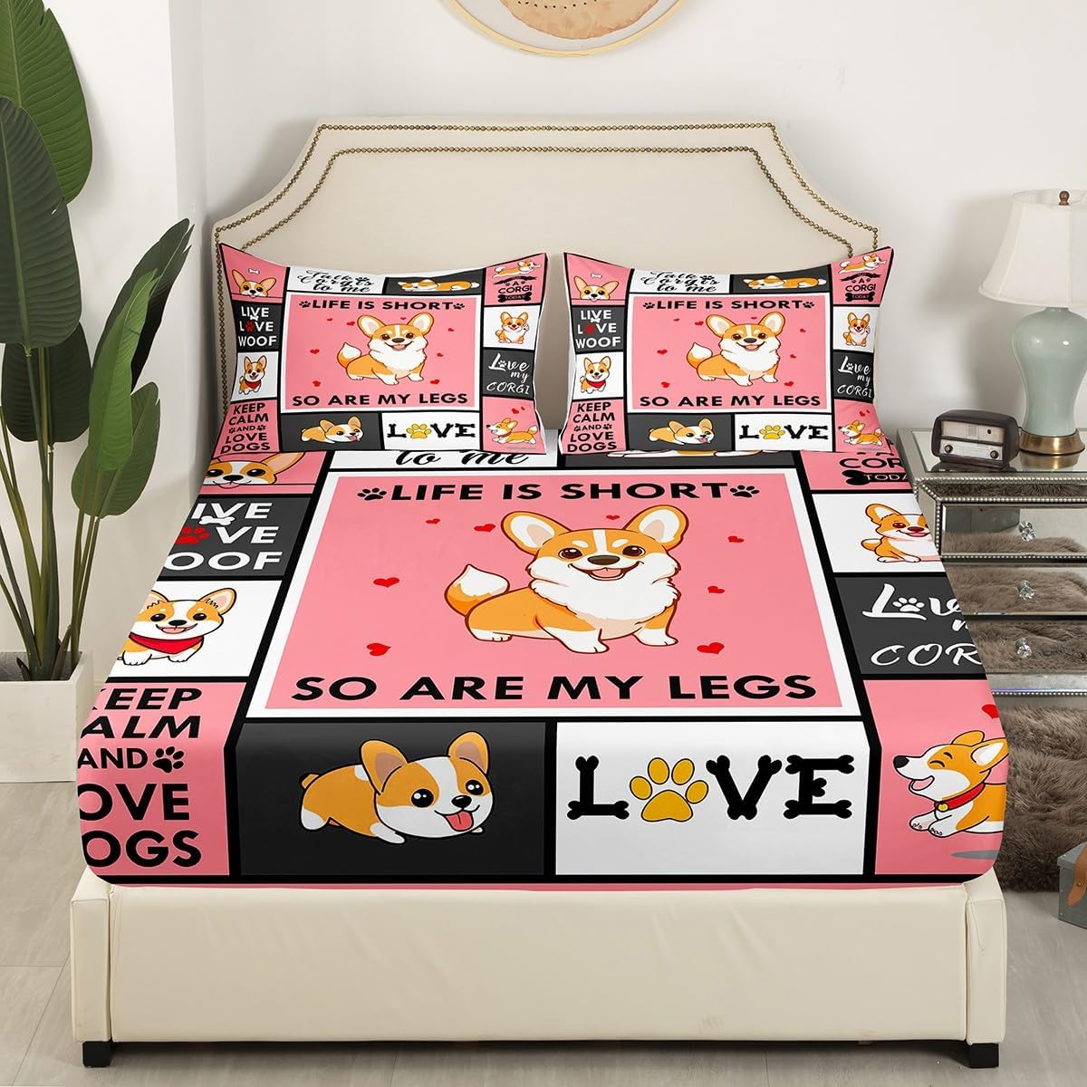 Corgi Fitted Sheet Full Ultra Soft Cute Corgi Bed Sheet for Kids Boys Girls Bedding Set Cute Animals Dog Fitted Sheet for Corgi Lovers Kawaii Puppy Pet Fitted Bed Sheets, Pink Black Grey