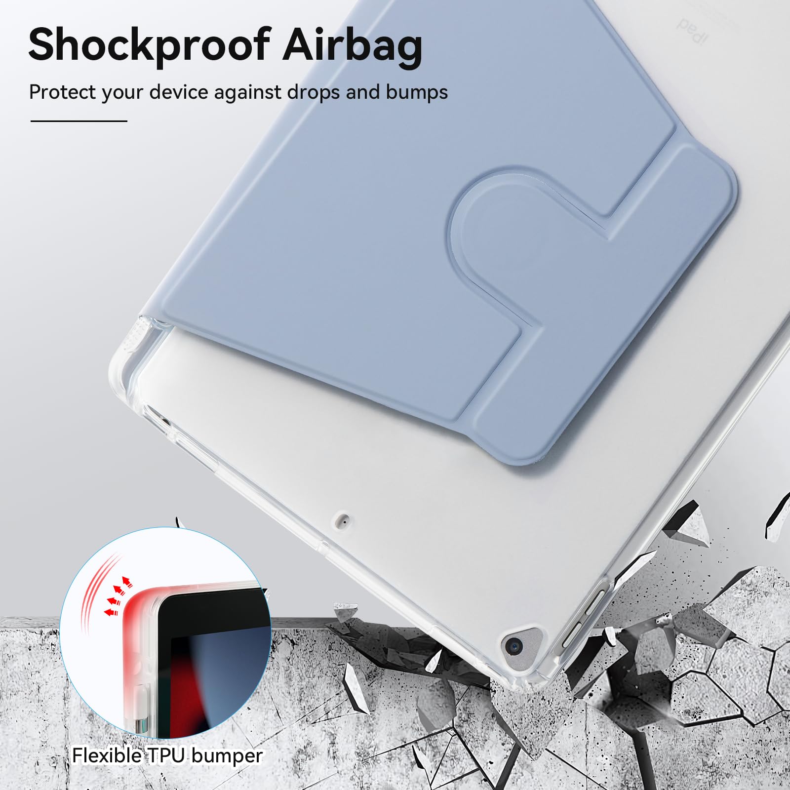 Koze Coque Pour IPad 10,2 Pouces 9e/8e/7e Génération 2021/2020/2019 Avec Porte-Crayon, étui De Vision Multi-Angle Rotatif à 360 Degrés, Anti Chute Couverture Arrière Translucide Souple, Gris Lavande