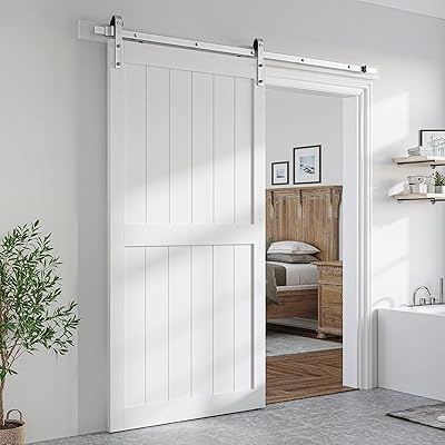 SmartStandard 42 x 84 inch White Barn Door with 7FT Brushed Nickel Sliding Hardware Track Kit, Waterproof PVC Coating, White, H-Frame