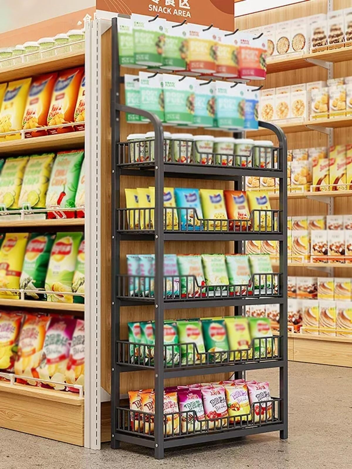 Regal für Kartoffelchips, Metall, bodenstehend, mit 10 Haken, langlebiges Stahl-Snackregal für Zuhause (Schwarz, 5 Etagen, 60 x 27 x 166 cm)